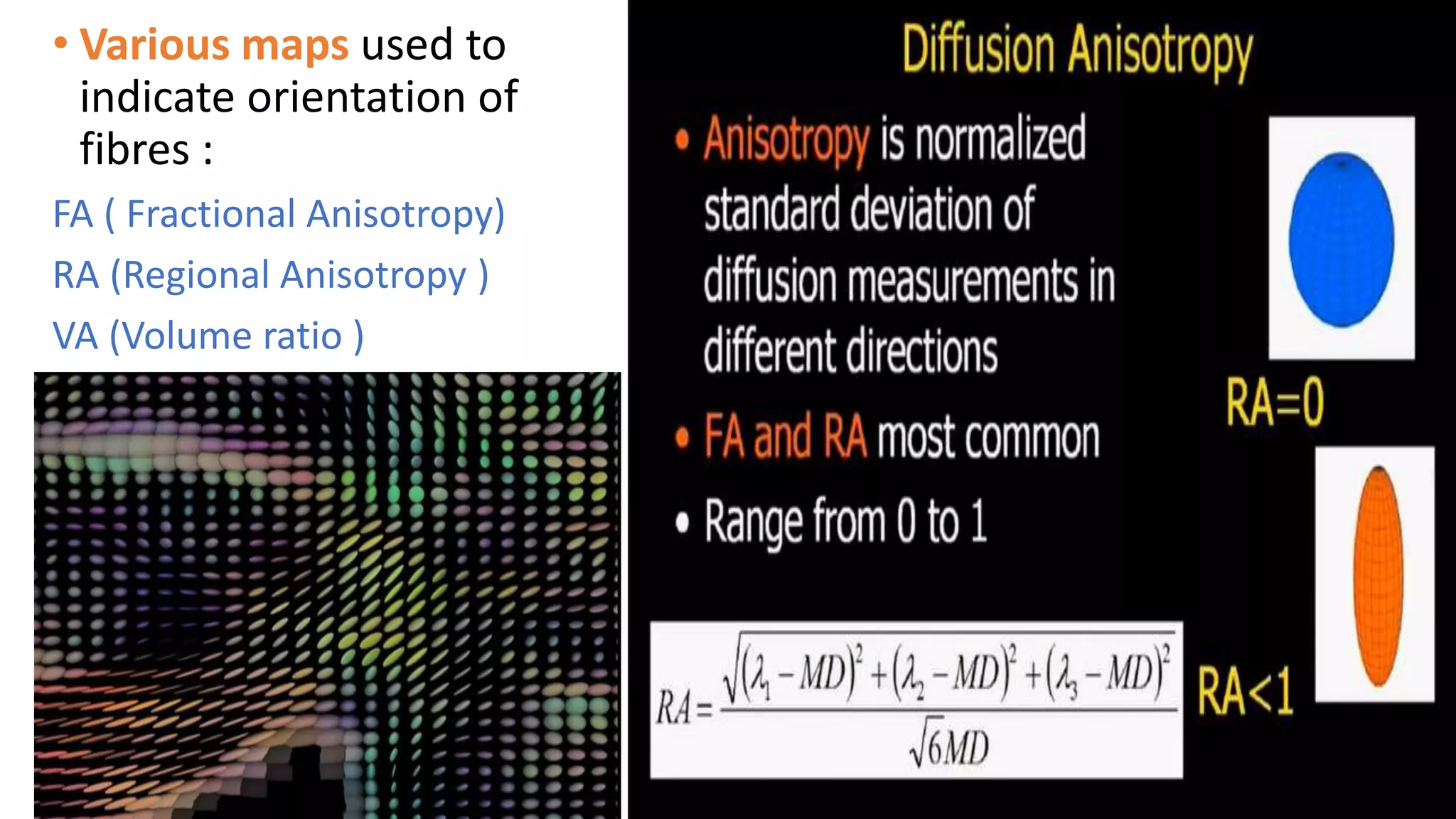 • Various maps used to
indicate orientation of
fibres :
FA ( Fractional Anisotropy)
RA (Regional Anisotropy )
VA (Volume ratio )
 