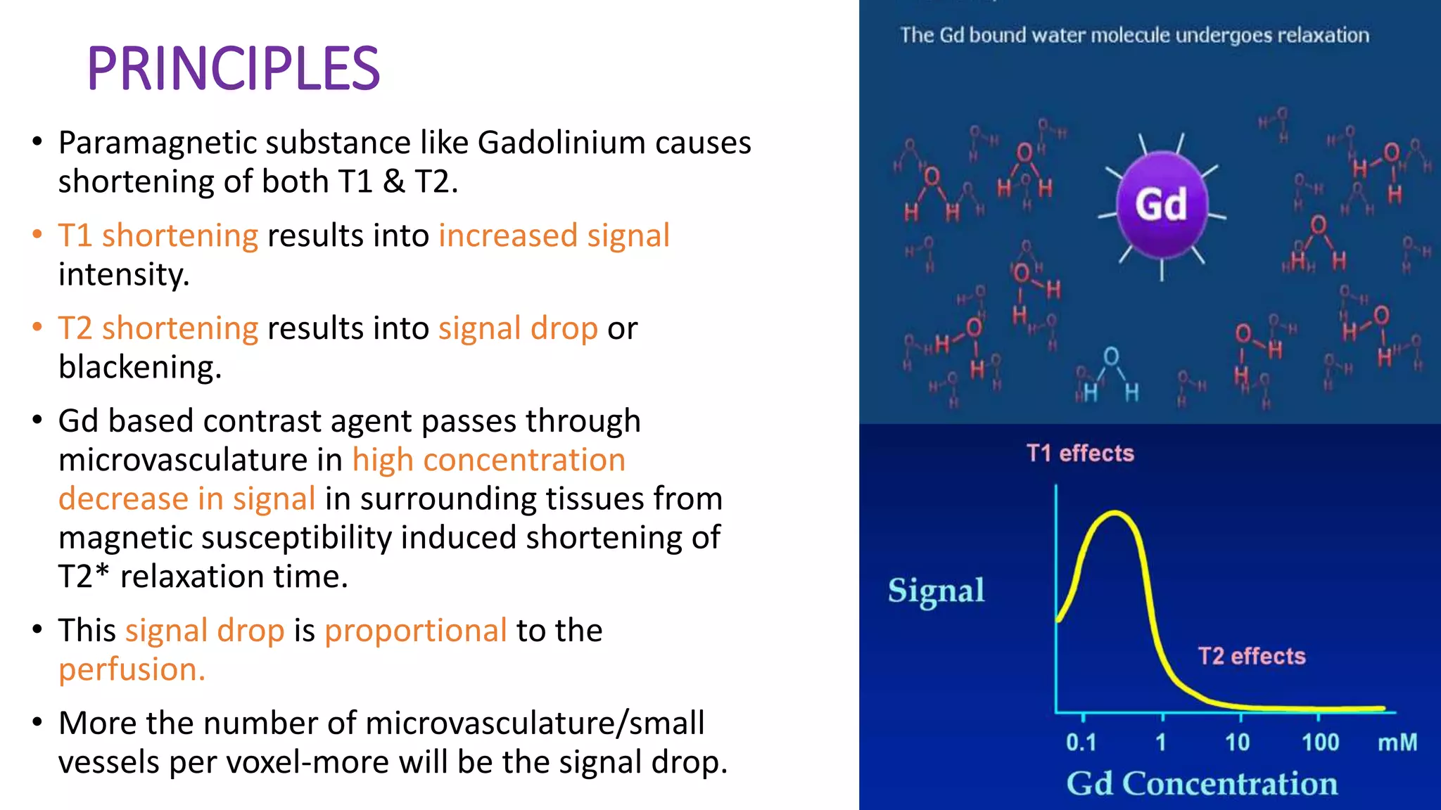 PRINCIPLES
• Paramagnetic substance like Gadolinium causes
shortening of both T1 & T2.
• T1 shortening results into increased signal
intensity.
• T2 shortening results into signal drop or
blackening.
• Gd based contrast agent passes through
microvasculature in high concentration
decrease in signal in surrounding tissues from
magnetic susceptibility induced shortening of
T2* relaxation time.
• This signal drop is proportional to the
perfusion.
• More the number of microvasculature/small
vessels per voxel-more will be the signal drop.
 