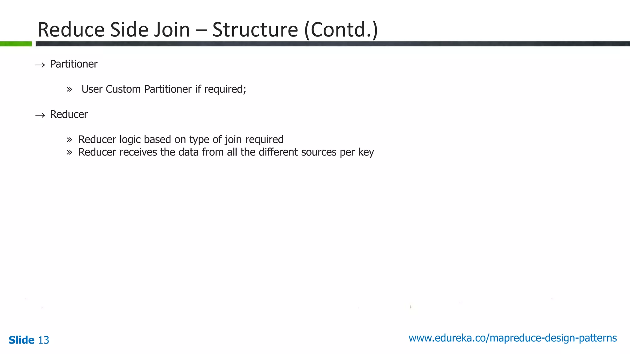 Slide 13 www.edureka.co/mapreduce-design-patterns
Reduce Side Join – Structure (Contd.)
 Partitioner
» User Custom Partitioner if required;
 Reducer
» Reducer logic based on type of join required
» Reducer receives the data from all the different sources per key
 