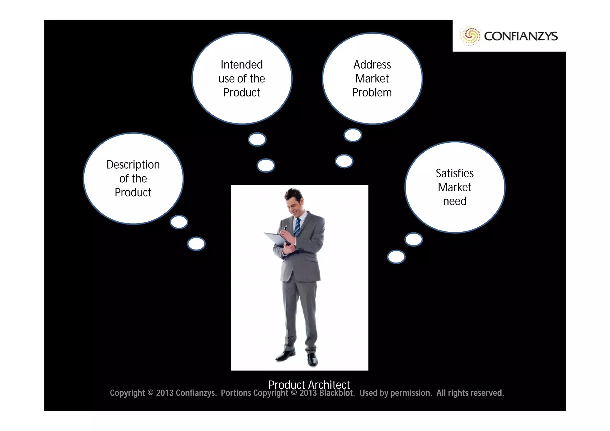 Intended                            Address
                             use of the                          Market
                              Product                            Problem




Description
  of the                                                                               Satisfies
 Product                                                                               Market
                                                                                        need




                                          Product Architect
Copyright © 2013 Confianzys. Portions Copyright © 2013 Blackblot. Used by permission. All rights reserved.
 