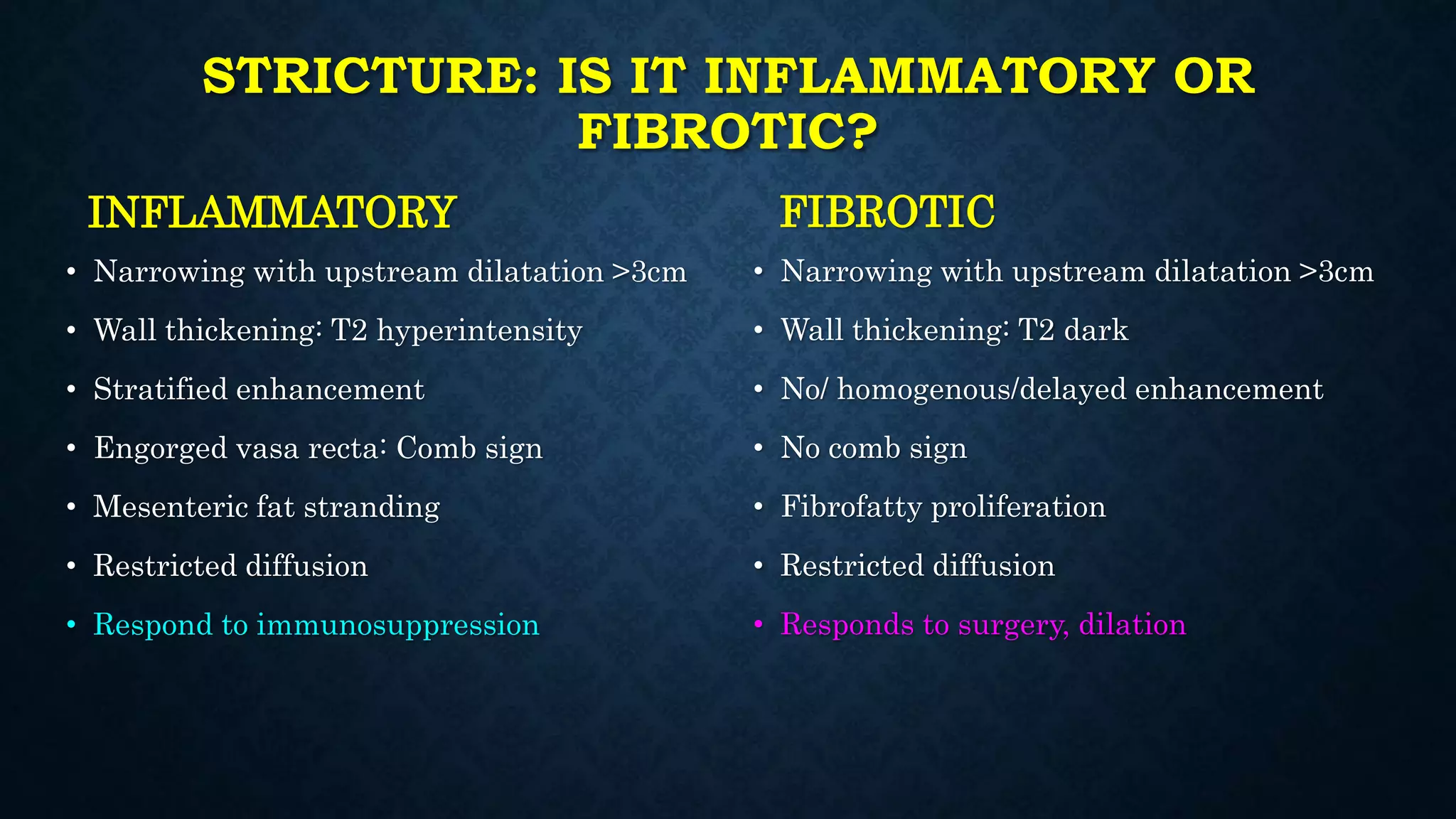 STRICTURE: IS IT INFLAMMATORY OR
FIBROTIC?
INFLAMMATORY
• Narrowing with upstream dilatation >3cm
• Wall thickening: T2 hyperintensity
• Stratified enhancement
• Engorged vasa recta: Comb sign
• Mesenteric fat stranding
• Restricted diffusion
• Respond to immunosuppression
FIBROTIC
• Narrowing with upstream dilatation >3cm
• Wall thickening: T2 dark
• No/ homogenous/delayed enhancement
• No comb sign
• Fibrofatty proliferation
• Restricted diffusion
• Responds to surgery, dilation
 