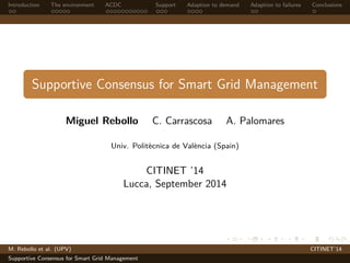 Introduction The environment ACDC Support Adaption to demand Adaption to failures Conclusions 
Supportive Consensus for Smart Grid Management 
Miguel Rebollo C. Carrascosa A. Palomares 
Univ. Politècnica de València (Spain) 
CITINET ’14 
Lucca, September 2014 
M. Rebollo et al. (UPV) CITINET’14 
Supportive Consensus for Smart Grid Management 
 
