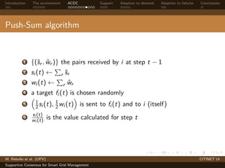 Introduction The environment ACDC Support Adaption to demand Adaption to failures Conclusions 
Push-Sum algorithm 
1 {(^sr , ^wr )} the pairs received by i at step t − 1 
2 si (t)   
P 
r ^sr 
3 wi (t)   
P 
r ^wr 
4 a target fi tis chosen randomly 
 
() 5 
12 
si (t), 1 
2wi (t) 
 
is sent to fi (t) and to i (itself) 
6 si (t) 
wi (t) is the value calculated for step t 
M. Rebollo et al. (UPV) CITINET’14 
Supportive Consensus for Smart Grid Management 
 