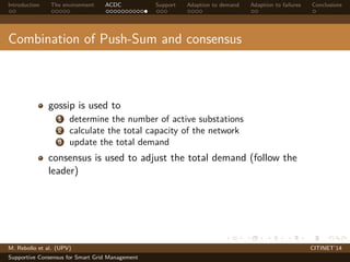 Introduction The environment ACDC Support Adaption to demand Adaption to failures Conclusions 
Combination of Push-Sum and consensus 
gossip is used to 
1 determine the number of active substations 
2 calculate the total capacity of the network 
3 update the total demand 
consensus is used to adjust the total demand (follow the 
leader) 
M. Rebollo et al. (UPV) CITINET’14 
Supportive Consensus for Smart Grid Management 
 