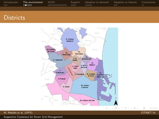 Introduction The environment ACDC Support Adaption to demand Adaption to failures Conclusions 
Districts 
M. Rebollo et al. (UPV) CITINET’14 
Supportive Consensus for Smart Grid Management 
 