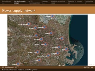 Introduction The environment ACDC Support Adaption to demand Adaption to failures Conclusions 
Power supply network 
M. Rebollo et al. (UPV) CITINET’14 
Supportive Consensus for Smart Grid Management 
 
