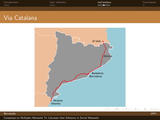 Introduction

User inﬂuence

viaCatalana

Conclusions

Via Catalana

@mrebollo
Consensus on Multiplex Networks To Calculate User Inﬂuence in Social Networks

UPV

 