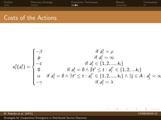 Outline Discovery Strategy Promotion Techniques Results Conclusions
Costs of the Actions
ut
i (at
i ) =



−β if at
i = ρ
p if at
i = ∞
−c if at
i ∈ {1, 2, ..., ki }
0 if at
i = ∅ ∧ t ≤ t : at
i ∈ {1, 2, ...ki }
α if at
i = ∅ ∧ ∃t ≤ t : at
i ∈ {1, 2, ..., ki } ∧ ∃j ∈ A : at
j = ∞
−γ if at
i = λ
M. Rebollo et al. (UPV) COREDEMA’13
Strategies for Cooperation Emergence in Distributed Service Discovery
 