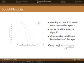 Outline Discovery Strategy Promotion Techniques Results Conclusions
Social Plasticity
0
0.1
0.2
0.3
0.4
0.5
0.6
0.7
0.8
0.9
1
0 10 20 30 40 50 60
Probabilitytomaintainthelink
Number of queries that were forwarded to other links
n = 2
n = 4
n = 6
rewiring action λ to avoid
non-cooperative agents
decay function using a
sigmoid
d parameter establishes
benevolence of the agent
Pdecay (rqij) = 1
1+e
−(rqij −d)
n
M. Rebollo et al. (UPV) COREDEMA’13
Strategies for Cooperation Emergence in Distributed Service Discovery
 
