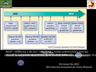 Clin Cancer Res 2013
2013 American Association for Cancer Research
Who – produto de 2 maiores diam perpendiculares da massa tu
2000 Easl – porção mais longa de tu viavel (contrastado na fase arterial) de LESÕES ALVO> 10 a
RECIST – LESÕES alvo e não alvo + novas lesões …medida unidimensional e soma dos
maiores diam do tu…no maximo 10 LESÕES ALVO sendo 5 por orgão
RECIST 1.1
No maximo 5 lesões alvo sendo 2 por orgão
Aasld 2008
Falta de correlação entre resposta baseada no tamanho do TU e sobrevida = mRECIST
 