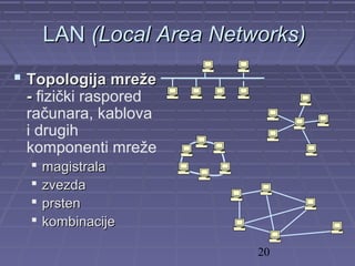 20
LANLAN (Local Area Networks)(Local Area Networks)
 Topologija mreTopologija mrežžee
-- fizički raspored
računara, kablova
i drugih
komponenti mreže
 magistralamagistrala
 zvezdazvezda
 prstenprsten
 kombinacijekombinacije
 
