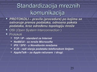 25
Standardizacija mreznihStandardizacija mreznih
komunikacijakomunikacija
 PROTOKOLIPROTOKOLI –– pravilapravila ((procedureprocedure)) po kojima sepo kojima se
ostvaruje prenos podataka, odnosno paketaostvaruje prenos podataka, odnosno paketa
podataka, kroz odrepodataka, kroz određđenu topologiju mreenu topologiju mrežžee
 OSI (OSI (Open System InterconnectionOpen System Interconnection ))
 ProtokoliProtokoli
 TCP / IP - standard za Internet
 NetBEUI - za mreže Microsofta
 IPX / SPX - u Novellovim mrežama
 X.25 - radi slanja podataka telefonskom linijom
 AppleTalk – za Apple računare i drugi.
 