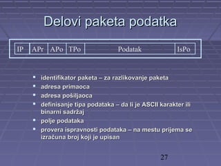 27
Delovi paketa podatkaDelovi paketa podatka
 identifikator paketa – za razlikovanje paketaidentifikator paketa – za razlikovanje paketa
 adresa primaocaadresa primaoca
 adresa pošiljaocaadresa pošiljaoca
 definisanje tipa podataka – da li je ASCII karakter ilidefinisanje tipa podataka – da li je ASCII karakter ili
binarni sadržajbinarni sadržaj
 polje podatakapolje podataka
 provera ispravnosti podataka – na mestu prijema seprovera ispravnosti podataka – na mestu prijema se
izraizraččuna broj koji je upisauna broj koji je upisann
IP APr APo TPo Podatak IsPo
 