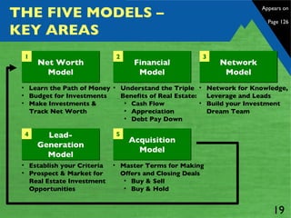THE FIVE MODELS –  KEY AREAS Financial Model Understand the Triple  Benefits of Real Estate: Cash Flow Appreciation Debt Pay Down 2 Network Model Network for Knowledge,  Leverage and Leads Build your Investment  Dream Team 3 Appears on  Page 126 Net Worth Model 1 Learn the Path of Money Budget for Investments Make Investments &  Track Net Worth Lead- Generation Model Establish your Criteria Prospect & Market for  Real Estate Investment Opportunities 4 Acquisition Model Master Terms for Making  Offers and Closing Deals Buy & Sell Buy & Hold 5 