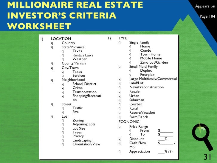 Millionaire Real Estate Investor Worksheets - Mrei millionaire real estate investor worksheets mrei