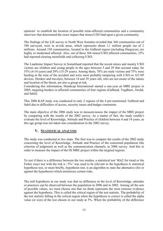 opinions’ to establish the location of possible mine-affected communities and a community
interview that determined the exact impact that mines/UXO had upon a given community.

The findings of the LIS survey in North West Somalia revealed that 368 communities out of
588 surveyed, were in at-risk areas, which represents about 1,1 million people out of 2
millions. Around 150 communities, located in the Galbeed region (including Hargeysa), are
highly or moderated affected. Also, out of these 368 mines/UXO affected communities, 35%
had reported clearing minefields and collecting UXO.

The Landmine Impact Survey in Somaliland reported that the recent mines and mainly UXO
victims are children and young people in the ages between 5 and 29 that account today for
55% (4-14 years) and 29% (15-29 years). Among them, 78% are male victims and 75% were
herding at the time of the accident and were most probably tampering with UXO or AT/AP
devices. Herders and travelers, between 14 and 29 years old, who are not aware of the nature
and location of the threat, are also a group at risk.
Considering this information, Handicap International started a one-year an MRE project in
2005, targeting herders in affected communities of four regions (Galbeed, Togdheer, Awdal,
and Sahil).

This 2006 KAP study was conducted in only 2 regions of the 4 pre-mentioned: Galbeed and
Sahil due to difficulties of access, security issues and budget constraints.

The main objective of the 2006 study was to measure/assess the impact of the MRE project
by comparing with the results of the 2002 survey. As a matter of fact, the study couldn’t
evaluate the level of Knowledge, Attitude and Practice of children between 4 and 14 years, as
this age group was not taken into consideration in the 2002 survey.

        V. STATISTICAL ANALYSIS

The study was conducted in two steps. The first was to compare the results of the 2002 study
concerning the level of Knowledge, Attitude and Practice of the concerned population (the
criterion of judgment) as well as the communication channels, to 2006 survey. And this in
order to measure the impact of the HI MRE project within the targeted regions.


To test if there is a difference between the two studies, a statistical test ‘Khi2 for trend or the
Fisher exact test with the risk α =5%’ was used to be relevant to the hypothesis.A statistical
hypothesis test, or more briefly, hypothesis test, is an algorithm to state the alternative (for or
against the hypothesis) which minimizes certain risks.


The null hypothesis in our study was that no difference in the level of Knowledge, attitudes
or practices can be observed between the population in 2006 and in 2002. Among all the sets
of possible values, we must choose one that we think represents the most extreme evidence
against the hypothesis. This is called the critical region of the test statistic. The probability of
the test statistic falling in the critical region when the hypothesis is correct is called the alpha
value (or size) of the test chosen in our study at 5%. When the probability of the difference


                                                13
 