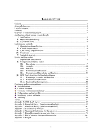 TABLE OF CONTENT

Context.......................................................................................................................................3
Acknowledgements....................................................................................................................4
List of Acronyms .......................................................................................................................5
Foreword ....................................................................................................................................6
Overview of implemented project .............................................................................................7
Justification, objectives and expected results
    I. Justification ....................................................................................................................8
   II. Objectives of the survey.................................................................................................9
  III. Expected Results............................................................................................................9
Materials and Methods
    I. Quantitative data collection .........................................................................................10
   II. Cluster sample survey..................................................................................................10
  III. KAP survey & Questionnaire ......................................................................................12
  IV. Constraints ...................................................................................................................12
   V. Statistical Analysis.......................................................................................................13
Results and Discussion
    I. Population Characteristics ...........................................................................................14
   II. Comparison of the two studies
        II.i.      Knowledge .......................................................................................................17
        II.ii. Attitudes ……………………………………………………………………...19
        II.iii. Practices………………………………………………………………………20
        II.iv. Communication Channels................................................................................21
        II.v. Comparison of Knowledge and Practices ........................................................23
  III. KAP Analysis within the Population Groups
        III.i. Knowledge, Attitudes and Practices ….……………………………………...25
        III.ii. Communication Channels...…………………………………………………..28
        III.iii. Radio & Population groups...…………………………………………………31
Conclusion and recommendations ...........................................................................................33
    Main Indicators ..................................................................................................................35
    Children and MRE .............................................................................................................38
    Tools and communication strategy ....................................................................................39
    Collaboration and partnership............................................................................................39
    Monitoring system and tools..............................................................................................40
    Summary............................................................................................................................40
Tables.......................................................................................................................................41
Appendix A: TOR KAP Survey ............................................................................................49
Appendix B: Household Survey Questionnaire (English) .......................................................52
Appendix C: Household Survey Questionnaire (Somali)........................................................61
Appendix D: Cluster survey Protocol ......................................................................................72
Appendix E: Planning of the training for the surveyors ..........................................................74
Appendix F: The golden rules for a good interview ................................................................78
Appendix G: List of partners for report dissemination………………………………………80
Appendix H: Budget ................................................................................................................82



                                                                      2
 