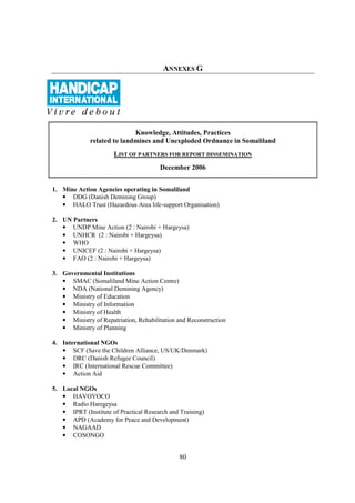 ANNEXES G




                            Knowledge, Attitudes, Practices
             related to landmines and Unexploded Ordnance in Somaliland
                      LIST OF PARTNERS FOR REPORT DISSEMINATION
                                       December 2006


1. Mine Action Agencies operating in Somaliland
   • DDG (Danish Demining Group)
   • HALO Trust (Hazardous Area life-support Organisation)

2. UN Partners
   • UNDP Mine Action (2 : Nairobi + Hargeysa)
   • UNHCR (2 : Nairobi + Hargeysa)
   • WHO
   • UNICEF (2 : Nairobi + Hargeysa)
   • FAO (2 : Nairobi + Hargeysa)

3. Governmental Institutions
   • SMAC (Somaliland Mine Action Centre)
   • NDA (National Demining Agency)
   • Ministry of Education
   • Ministry of Information
   • Ministry of Health
   • Ministry of Repatriation, Rehabilitation and Reconstruction
   • Ministry of Planning

4. International NGOs
   • SCF (Save the Children Alliance, US/UK/Denmark)
   • DRC (Danish Refugee Council)
   • IRC (International Rescue Committee)
   • Action Aid

5. Local NGOs
   • HAVOYOCO
   • Radio Haregeysa
   • IPRT (Institute of Practical Research and Training)
   • APD (Academy for Peace and Development)
   • NAGAAD
   • COSONGO


                                              80
 