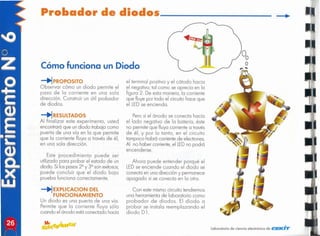 Laboratorio de ciencia electrónica de CEnenT
Con este mismo circuito tendremos
una herramienta de laboratorio como
probador de diodos. El diodo a
probar se instala reemplazando el
diodo D1.
Ahora puede entender porqué el
LEDse enciende cuando el diodo se
conecta en uno dirección y permanece
apagado si se conecta en lo otro.
Pero si el ánodo se conecto hacia
el lado negativo de lo batería, éste
no permite que fluya corriente a través
de él, y por lo tanto, en el circuito
tampoco habrá corriente de electrones.
Al no haber corriente, el LEDno podrá
encenderse.
el terminal positivo y el cátodo hacia
el negativo, tal como se aprecia en lo
figura 2. De esta manera, lo corriente
que fluye por todo el circuito hoce que
el LEDse enciendo.
--.¡EXPLlCACION OEL
FUNCIONAMIENTO
Un diodo es una puerta de una vía.
Permite que la corriente fluya sólo
cuando el ánodo estáconectado hacia
Este procedimiento puede ser
utilizado para probar el estado de un
diodo. Si los pasos 2Q y 39 son exitosos,
puede concluir que el diodo bajo
prueba funciona correctamente.
_.¡RESULTADOS
Al finalizar este experimento, usted
encontrará que un diodo trabaja como
puerta de una vía en la que permite
que la corriente fluya a través de él,
en una sola dirección.
--.¡PRoposaTO
Observar cómo un diodo permite el
paso de la corriente en una sola
dirección. Construir un útil probador
de diodos.
Cómo funciona un Diodo
..
Probador de diodos _
 
