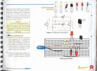 laboratorio de ciencia electrónico de CIEKí=r
Diagrama pictórico
2· Presione el interruptor. Observe y
compare el brillo del LEDde base
(lED 1), y el de colector (LED2).
__.¡ rOCEDIMIE 'Te'
1 • Arme en el protoboard el circuito
que aparece en el diagrama
esquemático (figuro 1). Puede usar
como guío el diagrama pictórico.
Recuerde que puede montar los
componentes en cualquier orden,
o excepción de la batería, la cual
debe conectarse de último.
Figura 1. Diagrama esquemático
.
--- ---- --- ------ ---------. L P
·
·
.
.
.
E :
·
·
·
·
01 'lPN 2N3Q()4
............................... ....:
·
Tronsistor
2N390d
NPN
+
•,
,
220 ohm 6.8K SI Gl DI D2
COMPONENTES
t
BASleOS
IRoio. ROJo. 1Az¡¡1 Suiche Transistor LED lEO Conector
Morrón. Gns. Rojo, Pulsodor 2N3904 poro boterlo
Oercdel Dorodol NPN
directamente al negativo de lo botería
y lo base recibe un voltaje positivo a
travésde lo resistenciaR1,el interruptor
y el LEDl. El brillo del LED1 es
proporcional a la corriente de base
y el brillo del LED2 es proporcional o
la corriente del colector.
T
Al realizar este experimento,
encontrará que el LEDde colector
estoró más brillante que el de lo bose¡
esto significo que lo corriente de
colector es mayor que lo corriente
de base.
 