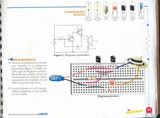 Diagrama pictórico
Figura 1. Diagrama esquemático
IMollón IMalrón. Parlante
Negro.Negro. Rojo. AmonIlo. sn
Dorado) Dolado)
Tlon.listor Conector
2N3906 POlO bolelio
PNP
104
(,
=
..,
laboralorio de ciencio electrónica de eIEKII=;r
2· Instale lo botería en el conector.
Deberá escucharseun tono audible
en el parlante.
-+1PROCEDIMIENTO
1• Arme en el protoboard el circuito
que aparece en el diagrama
esquemático (figuro 1). Puede usar
como guío el diagrama pictórico.
Recuerde que puede montar los
componentes en cualquier orden,
o excepción de lo botería, lo cual
debe conectarse de último.
Ccodensodor T
IOMlSlor
celómico 2N3904
Oll1F NPN
COMPONENTES
BASICOS
120K 02
01
Cl
SPl
100nm
1I
 
