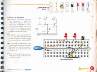 Diagrama pictórico
Pl
Figura 1. Diagrama esquemático
Conector
POlO bole/IO
['OOSlslo,
2N3Q()4
NPN
lEO
lED
Foroceldo
jAmorollo, jMorrón Ve,de Pcteooómetro
VioletoNcglo NOIonIO, 100K
DOlado) DOlado)
COMPONENTES
BASICOS
DI
R3
15K
47 ohm
laboratorio de ciencia electrónico de cfEllCírr
4· Muevo el eje del potenciómetro
hastaqueel circuitopuedodiferenciar
si hoyo no hay luz.
3· Con la mano o algún objeto, trote
de obsíruir lo luz que incide sobre
lo superficie de lo fotocelda.
Observe el comportamiento de
los dos LEDs.
2· Asegúrese que los dos LEDs D 1
Y D2, queden con la polaridad
correcta, es decir, que el pin más
corto coincida con el cátodo [C}
IPROCEDIMIENTO
1 • Arme en el protoboard el circuito
que aparece en el diagrama
esquemático (figura 1l. Puede usar
como guía el diagrama pictórico.
Recuerde que puede montar los
componentes en cualquier orden,
a excepción de la batería, la cual
debe conectarse de último.
 