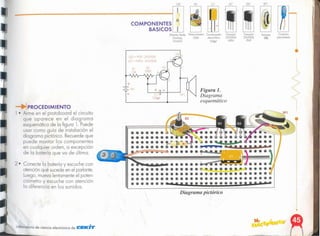 •
.~
Diagrama pictórico
I ~II
Figura 1.
Diagrama
esquemático
Perlcnte
sn
TronSlstor
2N3900
PNP
TronSISlor
2N3QOA
NPN
Conector
poro bote<io
IMorrón. Verde. Potenaómetro Condensador
NoronjO OOK electrolllCO
[)o,odoJ lOO¡.tF
COMPONENTES
BASICOS
R2 02 SPl
01
Cl
15K
laboratorio de ciencio electrónico de CIEK/T
PROCEDIMIENTO
1• Arme en el protoboord el circuito
que aparece en el diagrama
esquemático de la figura 1. Puede
usar como guía de instalación el
diagrama pictórico. Recuerde que
puede montar los componentes
en cualquier orden, a excepción
de la batería que va de última.
2· Conecte la batería y escuche con
atención qué sucede en el parlante.
Luego, mueva lentamente el poten-
ciómetro y escuche con atención
la diferencia en los sonidos.
 