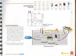 +
Diagrama pictórico
Puntosde
prvebo
Figura 1. Diagrama
'---_--_>-----------' esquemático
.¡
2N3YOA
• ·N
+
100hm 72001.", IK 120K SPl lel el 01
104
COMPONENTES - ( ,
BASICOS
IM<lrr6n (RoJO.Rala (Morrón (Morrón RotO Parlante C"ClIIIO Co ·:I"nad Tronsi~rOf Conector
Negro N;!pro Marrón Negro. RotO Amonllo. 8n Inl"9rodo ~lOm 2N3904 paraba'mío
l)u;odo Dorad '1 Do<odol DorodoJ 555 Ol~r NPN
•
"
Laboratorio de ciencio electrónico de CIEKII"iI'
2· Conecte la batería y uno entre sí
los puntas de prueba del circuito.
~ PROCEDIMIENTO
1 • Arme en el protoboard el circuito
que aparece en el diagrama
esquemótico de lo figuro l. Puede
utilizar el diagrama pictórico como
guío de montaje. Loscomponentes
se pueden montar en cualquier
orden o excepción de lo batería,
la cual deberó quedar de último.
Revise lo orientación del circuito
integrado, de tal modo que sus
pines no queden invertidos.
 