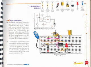 •
Diagrama pictórico
Conector
pOlOboteno
LEO
Crrcu,to
Inregrodo
555
DI
lel
Figura 1. Diagrama esquemático
- 9V
+
IAzul
Gris Rojo,
Ooradol
¡MoIIÓn
Negro ROjo
Do-odo]
IR"lo. Rala.
Morr6n
O"lOdo)
Condensador Porenoórneno
elecllol~lco IOOK
l00I1F
I
Slnche
Pulsador
COMPONENTES
BASICOS
o.8K
IK CI
SI
220 ohm
"
laboratorio de ciencia electrónico de elf!:KII"if'
2· Cuando haya montado todos los
componentes,verifiquela ubicación
correcta de cada uno de ellos.
Conecte la batería, ojuste el
potenciómetroR4 a lo mitad,oprima
el pulsador S 1 y observe el
comportamiento del LEDluego de
unos cuantos segundos.
iPROCEDIMIENTO
1 • Arme en el protoboard el circuito
que aparece en el diagrama
esquemático de lo figuro l. Puede
usar como guío el diagrama
pictórico. Recuerde que puede
montar los componentes en
cualquier orden, o excepción de
lo batería, la cual debe conectarse
de último. Reviselo orientación del
circuito integrado, de tal modo que
sus pines no queden invertidos.
 