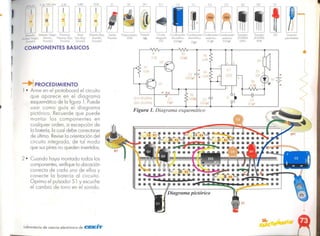 Figura 1. Diagrama esquemático
1..>'1-2N3904
Q2- 2~ 3906
,~ R,¡
IJ012
'" 8r
..¡ 8
l
+ 1(1
~)
e2 55j +
.:
IOOO¡.tF .
RI
3 ,
Trcnsrsror
2N3906
PNP
Tronsislor
2N3904
NPN
POlenciÓmelro
IOOK
LED
C,rcuilo
I01e9rodo
555
Condensodor Condensodor Condensador Condensador
eleclrólilico electról,ilCo cerórmco cerámico
lOOO¡.tF IO¡.tF O.1~IF O.OI).lF
Conector
pcro boierc
Porlanle
sn
SUiche
Pulsador
C4
SI DI
01
C3
CI
C2
R7 02
ICI
SP1
120K
laboratorio de ciencia electrónico de cell!#llClílf'
2· Cuando haya montado todos los
componentes,verifiquela ubicación
correcta de cada uno de ellos y
conecte la batería al circuito.
Oprima el pulsador S1 y escuche
el cambio de tono en el sonido.
_.¡PROCEDIMIENTO
1 • Arme en el protoboard el circuito
que aparece en el diagrama
esquemático de la figura l. Puede
usar como guía el diagramo
pictórico. Recuerde que puede
montar los componentes en
cualquier orden, a excepción de
la batería, la cual debe conectarse
de último. Revisela orientación del
circuito integrado, de tal modo
que suspines no queden invertidos.
COMPONENTES BAStCOS
(Marrón.ROjO
Amo"Uo.
Dorodo]
(Amllr1UO. (Morrón.Negro. INoronlO (Azul.
V101eia.
Negro. Morrón, Naranjo. ROlo. Gns.ROlO.
Dorado) Dorado! Dorado) Dorado)
68K
2delOOohm
,
J
 