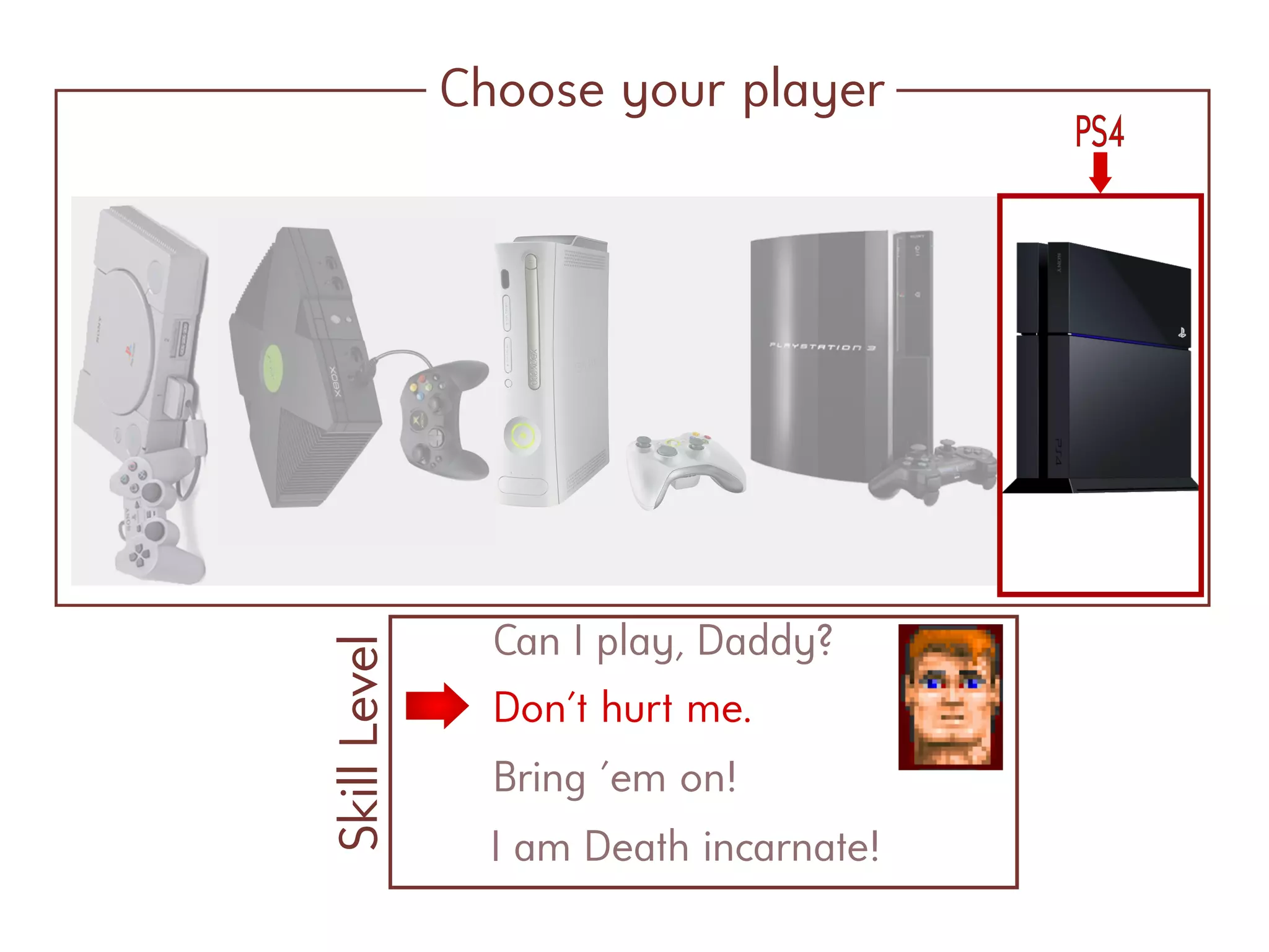 Choose your player
PS4
Can I play, Daddy?
SkillLevel
Don't hurt me.
Bring 'em on!
I am Death incarnate!
 