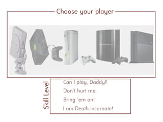 Choose your player
Can I play, Daddy?
SkillLevel
Don't hurt me.
Bring 'em on!
I am Death incarnate!
 