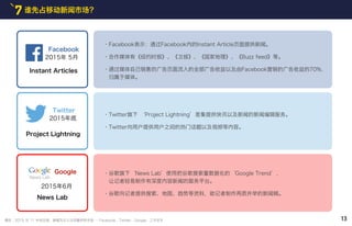 Facebook
2015年 5月
Instant Articles
・谷歌旗下‘News Lab’使用把谷歌搜索量数据化的‘Google Trend’，
让记者轻易制作有深度内容新闻的服务平台。
・谷歌向记者提供搜索、地图、趋势等资料，助记者制作两质并举的新闻稿。
・Facebook表示：通过Facebook内的Instant Article页面提供新闻。
・合作媒体有《纽约时报》、《卫报》、《国家地理》、《Buzz feed》等。
・通过媒体自己销售的广告页面流入的全部广告收益以及由Facebook营销的广告收益的70%，
归属于媒体。
・Twitter旗下 ‘Project Lightning’是集提供快讯以及新闻的新闻编辑服务。
・Twitter向用户提供用户之间的热门话题以及视频等内容。
谁先占移动新闻市场？7
Twitter
2015年底
Project Lightning
2015年6月
News Lab
132015. 9. 11 中央日报，新闻为引人注目最好的手段 … Facebook、Twitter、Google，三方交手摘自 :
Google
 