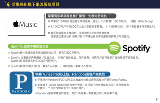 4 苹果强化旗下串流服务项目
苹果2015年6月推出音乐串流服务，推出一个月新增1,100万用户。 (摘自: USA Today)
1,100万用户中有200万人加入家庭共享套餐。（14.99美元/月；每个家庭最多可登陆6人）
音乐串流服务上线同时，苹果提供3个月的免费优惠，
结束该优惠活动的10月以后才可评估音乐串流服务的影响力与效益性。
Spotify是一家提供音乐串流服务的公司，拥有7,500万用户。
苹果针对Pandora于2013年正式推出电台模式音乐流媒体产品iTunes Radio。
Spotify 主要提供两种服务／收益方式： 内嵌广告的收益，用户免费；付费用户即可在无广告的情况下欣赏音乐。
Spotify目前保留大约2,000万付费用户。
Spotify提供30美元/月包（最多5人共享）；目前价格上苹果还占优势。
苹果旗下iTunes Radio同时为用户提供广告环境下的免费服务及无广告付费服务，
在推出一个月之内即吸引了2,000万用户。
Pandora面临苹果猛烈攻击，其2015年第一季度股价同比成长率下滑。
6
苹果音乐串流服务推广策划：先稳定后成长
Spotify,面临苹果凶猛攻势
苹果iTunes Radio上线，Pandora面临严峻挑战
 