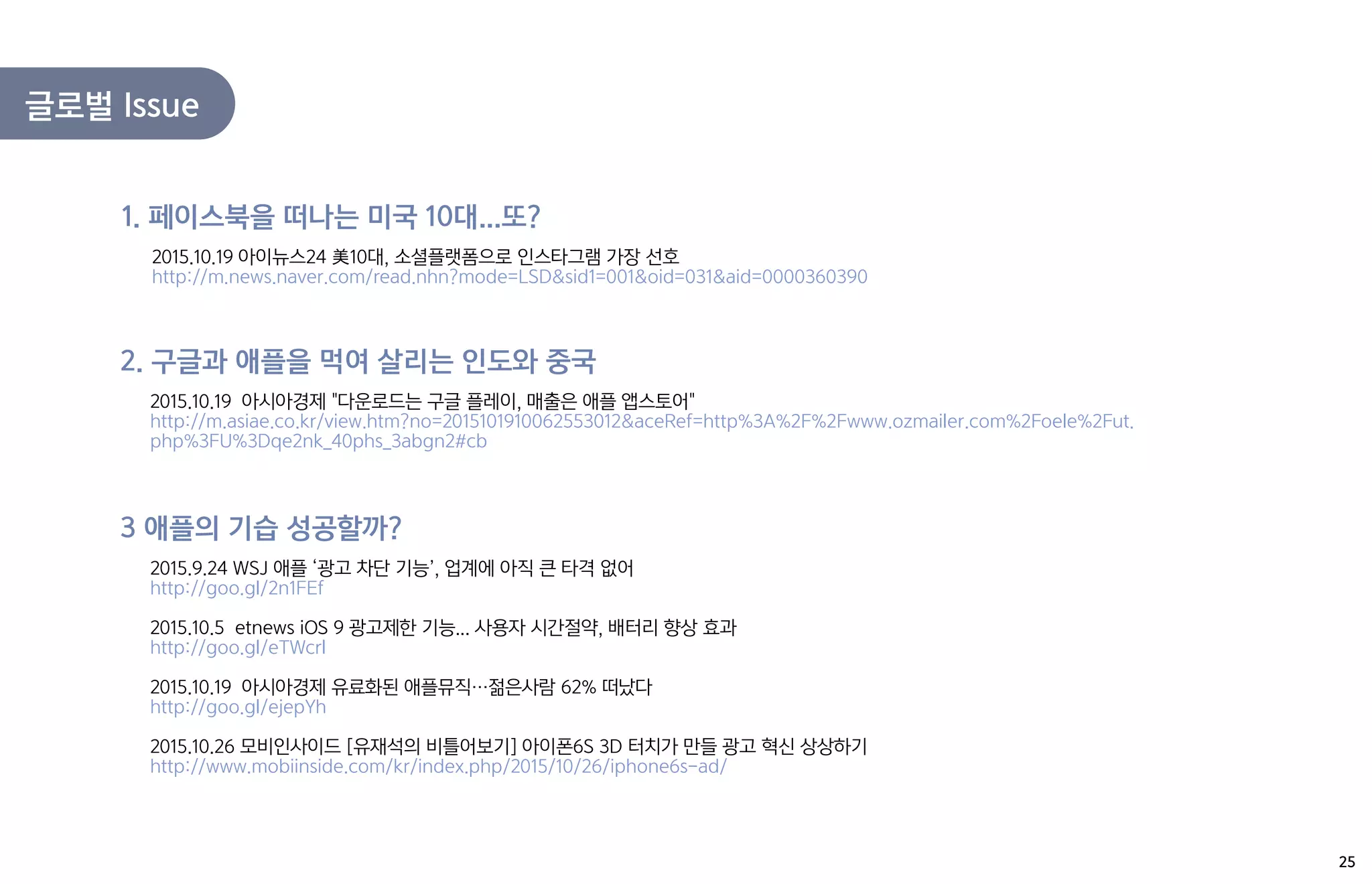 글로벌 Issue
2015.10.19 아이뉴스24 美10대, 소셜플랫폼으로 인스타그램 가장 선호
http://m.news.naver.com/read.nhn?mode=LSD&sid1=001&oid=031&aid=0000360390
1. 페이스북을 떠나는 미국 10대...또?
2015.10.19 아시아경제 "다운로드는 구글 플레이, 매출은 애플 앱스토어"
http://m.asiae.co.kr/view.htm?no=2015101910062553012&aceRef=http%3A%2F%2Fwww.ozmailer.com%2Foele%2Fut.
php%3FU%3Dqe2nk_40phs_3abgn2#cb
2. 구글과 애플을 먹여 살리는 인도와 중국
2015.9.24 WSJ 애플 ‘광고 차단 기능’, 업계에 아직 큰 타격 없어
http://goo.gl/2n1FEf
2015.10.5 etnews iOS 9 광고제한 기능... 사용자 시간절약, 배터리 향상 효과
http://goo.gl/eTWcrl
2015.10.19 아시아경제 유료화된 애플뮤직…젊은사람 62% 떠났다
http://goo.gl/ejepYh
2015.10.26 모비인사이드 [유재석의 비틀어보기] 아이폰6S 3D 터치가 만들 광고 혁신 상상하기
http://www.mobiinside.com/kr/index.php/2015/10/26/iphone6s-ad/
3 애플의 기습 성공할까?
25
 