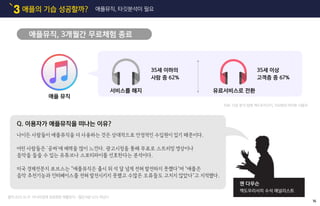 애플의 기습 성공할까?3 애플뮤직, 타깃분석이 필요
애플뮤직, 3개월간 무료체험 종료
Q. 이용자가 애플뮤직을 떠나는 이유?
35세 이하의
사람 중 62%
나이든 사람들이 애플뮤직을 더 사용하는 것은 상대적으로 안정적인 수입원이 있기 때문이다.
어린 사람들은 '공짜'에 매력을 많이 느낀다. 광고시청을 통해 무료로 스트리밍 영상이나
음악을 들을 수 있는 유튜브나 스포티파이를 선호한다는 분석이다.
미국 경제전문지 포브스는 “애플뮤직은 출시 뒤 석 달 넘게 전혀 발전하지 못했다"며 "애플은
음악 추천기능과 인터페이스를 전혀 발전시키지 못했고 수많은 오류들도 고치지 않았다"고 지적했다.
35세 이상
고객층 중 67%
유료서비스로 전환
애플 뮤직
서비스를 해지
젠 다우슨
잭도우리서치 수석 애널리스트
16
출처:2015.10.19 아시아경제 유료화된 애플뮤직…젊은사람 62% 떠났다
자료: 시장 분석 업체 잭도우리서치, 500명의 아이폰 사용자
 