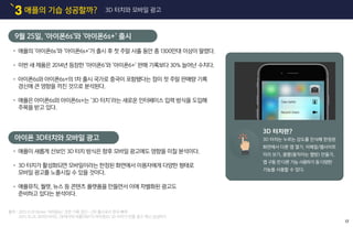 애플의 기습 성공할까?3 3D 터치와 모바일 광고
9월 25일, ‘아이폰6s’와 ‘아이폰6s+’ 출시
아이폰 3D터치와 모바일 광고
애플의 ‘아이폰6s’와 ‘아이폰6s+’가 출시 후 첫 주말 사흘 동안 총 1300만대 이상이 팔렸다.
이번 새 제품은 2014년 등장한 ‘아이폰6’와 ‘아이폰6+’ 판매 기록보다 30% 늘어난 수치다.
아이폰6s와 아이폰6s+의 1차 출시 국가로 중국이 포함됐다는 점이 첫 주말 판매량 기록
경신에 큰 영향을 끼친 것으로 분석된다.
애플은 아이폰6s와 아이폰6s+는 ‘3D 터치’라는 새로운 인터페이스 입력 방식을 도입해
주목을 받고 있다.
애플이 새롭게 선보인 3D 터치 방식은 향후 모바일 광고에도 영향을 미칠 분석이다.
3D 터치가 활성화되면 모바일이라는 한정된 화면에서 이용자에게 다양한 형태로
모바일 광고를 노출시킬 수 있을 것이다.
애플뮤직, 월렛, 뉴스 등 콘텐츠 플랫폼을 만들면서 이에 차별화된 광고도
준비하고 있다는 분석이다.
3D 터치란?
3D 터치는 누르는 강도를 인식해 한정된
화면에서 다른 앱 열기, 이메일/웹사이트
미리 보기, 움짤(움직이는 짤방) 만들기,
앱 구동 전 다른 기능 사용하기 등 다양한
기능을 사용할 수 있다.
17
출처 : 2015.9.29 Bloter ‘아이폰6s’ 초판 기록 경신…2차 출시국서 한국 빠져
2015.10.26 모비인사이드 [유재석의 비틀어보기] 아이폰6S 3D 터치가 만들 광고 혁신 상상하기
 