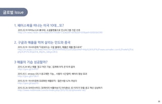 글로벌 Issue
2015.10.19 아이뉴스24 美10대, 소셜플랫폼으로 인스타그램 가장 선호
http://m.news.naver.com/read.nhn?mode=LSD&sid1=001&oid=031&aid=0000360390
1. 페이스북을 떠나는 미국 10대...또?
2015.10.19 아시아경제 "다운로드는 구글 플레이, 매출은 애플 앱스토어"
http://m.asiae.co.kr/view.htm?no=2015101910062553012&aceRef=http%3A%2F%2Fwww.ozmailer.com%2Foele%2Fut.
php%3FU%3Dqe2nk_40phs_3abgn2#cb
2. 구글과 애플을 먹여 살리는 인도와 중국
2015.9.24 WSJ 애플 ‘광고 차단 기능’, 업계에 아직 큰 타격 없어
http://goo.gl/2n1FEf
2015.10.5 etnews iOS 9 광고제한 기능... 사용자 시간절약, 배터리 향상 효과
http://goo.gl/eTWcrl
2015.10.19 아시아경제 유료화된 애플뮤직…젊은사람 62% 떠났다
http://goo.gl/ejepYh
2015.10.26 모비인사이드 [유재석의 비틀어보기] 아이폰6S 3D 터치가 만들 광고 혁신 상상하기
http://www.mobiinside.com/kr/index.php/2015/10/26/iphone6s-ad/
3 애플의 기습 성공할까?
25
 