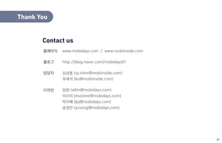 홈페이지
블로그
담당자
디자인
www.mobidays.com / www.mobiinside.com
http://blog.naver.com/mobidays01
심상용 (sy.shim@mobiinside.com)
유재석 (liu@mobiinside.com)
임원 (wlim@mobidays.com)
이수미 (esoome@mobidays.com)
박지혜 (lpj@mobidays.com)
송영찬 (ycsong@mobidays.com)
Contact us
Thank You
27
 
