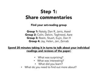 Step 1:
Share commentaries
Find your set-reading group
Group 1: Nataly, Dan R, Janis, Aseel
Group 2: Colin, Delvin, Taghreed, Aare
Group 3: Reem, Stuart, Eujin, Dan H
Group 4: Jay, Helen, Jen, Zeinab
Spend 20 minutes taking it in turns to talk about your individual
readings and reviews of the paper:
•  What was surprising?
•  What was interesting?
•  What did you learn?
•  What do you need to find out more about?
 