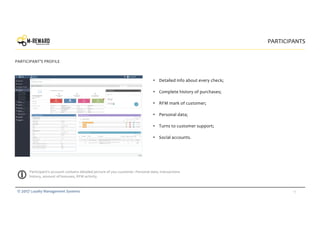 19© 2017 Loyalty Management Systems
• Detailed info about every check;
• Complete history of purchases;
• RFM mark of customer;
• Personal data;
• Turns to customer support;
• Social accounts.
PARTICIPANTS
PARTICIPANT’S PROFILE
Participant's account contains detailed picture of you customer. Personal data, transactions
history, amount of bonuses, RFM activity.
 
