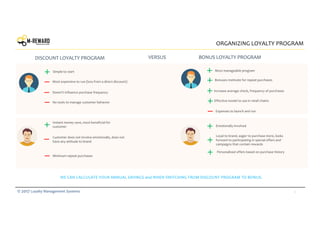 3© 2017 Loyalty Management Systems
ORGANIZING LOYALTY PROGRAM
DISCOUNT LOYALTY PROGRAM BONUS LOYALTY PROGRAM
Instant money save, most beneficial for
customer
Customer does not involve emotionally, does not
have any attitude to brand
Minimum repeat purchases
Emotionally involved
Most expensive to run (loss from a direct discount)
Doesn’t influence purchase frequency
No tools to manage customer behavior
Simple to start
Bonuses motivate for repeat purchases
Increase average check, frequency of purchases
Most manageable program
Effective model to use in retail chains
Expenses to launch and run
Loyal to brand, eager to purchase more, looks
forward to participating in special offers and
campaigns that contain rewards
Personalized offers based on purchase history
WE CAN CALCULATE YOUR ANNUAL SAVINGS and WHEN SWITCHING FROM DISCOUNT PROGRAM TO BONUS.
VERSUS
 
