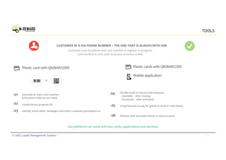 6© 2017 Loyalty Management Systems
TOOLS
Generate as many card numbers
and promo-codes as you need;
Loyalty bonus program ID;
Identify which other campaigns and offers customer participates in;
Our platform can work with any cards, applications and services
Customer uses his phone and card number to register in program.
Card number is only used to access to bonus wallet.
CUSTOMER ID IS HIS PHONE NUMBER – THE ONE THAT IS ALWAYS WITH HIM
Plastic cards with QR/BARCODE
Mobile application
Plastic card with QR/BARCODE
.01
Flexible tools to reward with bonuses:
- stackable – after issuing;
- functional – after activation.
Using bonuses to pay for goods in retail or web stores;
Website with purchase history in users account.
.02
.03
.04
.05
or
.06
 