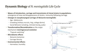 DynamicBiology of N. meningitidisLifeCycle
• Waves of introduction, carriage and transmission of clonal strains in populat...