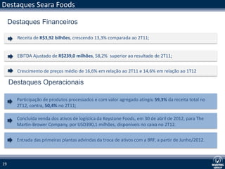 Destaques Seara Foods

     Destaques Financeiros

       Receita de R$3,92 bilhões, crescendo 13,3% comparada ao 2T11;


       EBITDA Ajustado de R$239,0 milhões, 58,2% superior ao resultado de 2T11;


       Crescimento de preços médio de 16,6% em relação ao 2T11 e 14,6% em relação ao 1T12

     Destaques Operacionais

       Participação de produtos processados e com valor agregado atingiu 59,3% da receita total no
       2T12, contra, 50,4% no 2T11;

       Concluída venda dos ativos de logística da Keystone Foods, em 30 de abril de 2012, para The
       Martin-Brower Company, por USD390,1 milhões, disponíveis no caixa no 2T12.


       Entrada das primeiras plantas advindas da troca de ativos com a BRF, a partir de Junho/2012.



19
 