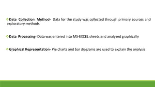 Data Collection Method- Data for the study was collected through primary sources and
exploratory methods

Data Processing- Data was entered into MS-EXCEL sheets and analyzed graphically
Graphical Representation- Pie charts and bar diagrams are used to explain the analysis

 
