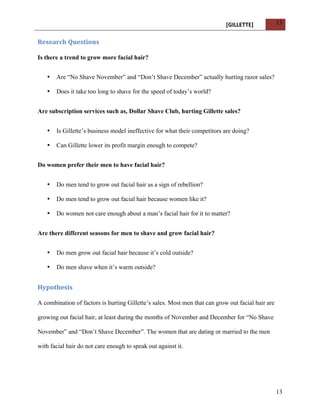 [GILLETTE] 
13 
13 
Research 
Questions 
Is there a trend to grow more facial hair? 
• Are “No Shave November” and “Don’t Shave December” actually hurting razor sales? 
• Does it take too long to shave for the speed of today’s world? 
Are subscription services such as, Dollar Shave Club, hurting Gillette sales? 
• Is Gillette’s business model ineffective for what their competitors are doing? 
• Can Gillette lower its profit margin enough to compete? 
Do women prefer their men to have facial hair? 
• Do men tend to grow out facial hair as a sign of rebellion? 
• Do men tend to grow out facial hair because women like it? 
• Do women not care enough about a man’s facial hair for it to matter? 
Are there different seasons for men to shave and grow facial hair? 
• Do men grow out facial hair because it’s cold outside? 
• Do men shave when it’s warm outside? 
Hypothesis 
A combination of factors is hurting Gillette’s sales. Most men that can grow out facial hair are 
growing out facial hair, at least during the months of November and December for “No Shave 
November” and “Don’t Shave December”. The women that are dating or married to the men 
with facial hair do not care enough to speak out against it. 
 