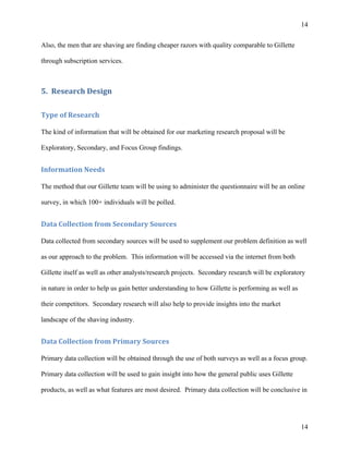14 
14 
Also, the men that are shaving are finding cheaper razors with quality comparable to Gillette 
through subscription services. 
5. Research 
Design 
Type 
of 
Research 
The kind of information that will be obtained for our marketing research proposal will be 
Exploratory, Secondary, and Focus Group findings. 
Information 
Needs 
The method that our Gillette team will be using to administer the questionnaire will be an online 
survey, in which 100+ individuals will be polled. 
Data 
Collection 
from 
Secondary 
Sources 
Data collected from secondary sources will be used to supplement our problem definition as well 
as our approach to the problem. This information will be accessed via the internet from both 
Gillette itself as well as other analysts/research projects. Secondary research will be exploratory 
in nature in order to help us gain better understanding to how Gillette is performing as well as 
their competitors. Secondary research will also help to provide insights into the market 
landscape of the shaving industry. 
Data 
Collection 
from 
Primary 
Sources 
Primary data collection will be obtained through the use of both surveys as well as a focus group. 
Primary data collection will be used to gain insight into how the general public uses Gillette 
products, as well as what features are most desired. Primary data collection will be conclusive in 
 