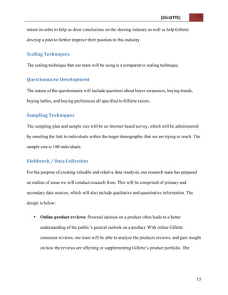 [GILLETTE] 
15 
15 
nature in order to help us draw conclusions on the shaving industry as well as help Gillette 
develop a plan to further improve their position in this industry. 
Scaling 
Techniques 
The scaling technique that our team will be using is a comparative scaling technique. 
Questionnaire 
Development 
The nature of the questionnaire will include questions about buyer awareness, buying trends, 
buying habits, and buying preferences all specified to Gillette razors. 
Sampling 
Techniques 
The sampling plan and sample size will be an Internet based survey, which will be administered 
by emailing the link to individuals within the target demographic that we are trying to reach. The 
sample size is 100 individuals. 
Fieldwork 
/ 
Data 
Collection 
For the purpose of creating valuable and relative data /analysis, our research team has prepared 
an outline of areas we will conduct research from. This will be comprised of primary and 
secondary data sources, which will also include qualitative and quantitative information. The 
design is below: 
• Online product reviews: Personal opinion on a product often leads to a better 
understanding of the public’s general outlook on a product. With online Gillette 
consumer reviews, our team will be able to analyze the products reviews, and gain insight 
on how the reviews are affecting or supplementing Gillette’s product portfolio. The 
 