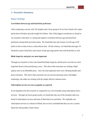 [GILLETTE] 
7 
7 
1. Executive 
Summary 
Major 
Findings 
Correlation between age and facial hair preference 
After conducting a survey with 120 samples and a focus group of 10 we have found a few major 
points that will help to provide insight for Gillette. One of the biggest correlations we found in 
our research is that there is a strong and negative correlation between age and facial hair 
preference among both men and women. We found that men and women over the age of 40 
prefer to have/a man to have a clean-shaven face. On the contrary, we found that men ages 18- 
40 prefer to grow facial hair, and women in that age range prefer men with facial hair as well. 
Blade longevity and price are most important 
Through our research we have also found that blade longevity and the price were the two most 
important factors when purchasing a razor. This shows that consumers are seeking a high-quality 
razor at an affordable price. Also, the least important traits were vibrating handles and 
power trimmers. This shows that consumers are not actively pursuing razors with higher 
technology, but rather are sticking with the simple effective manual razors. 
Subscription services are not as popular as expected 
In our hypothesis for this research we expected to see a lot of people using subscription shave 
services. Through our focus group results, we found that only one of the members had even 
heard of subscription services and none of them had ever used them. We originally saw 
subscription services as a threat to Gillette, but we have concluded that they are not a current 
threat but still possibly a future threat. 
 